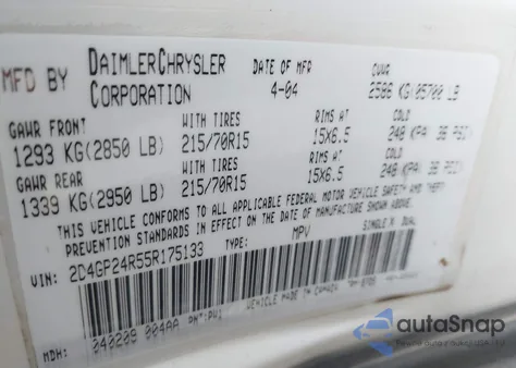 2005 Dodge Grand Caravan Se z USA, uszkodzony, nr VIN 2D4GP24R55R175133